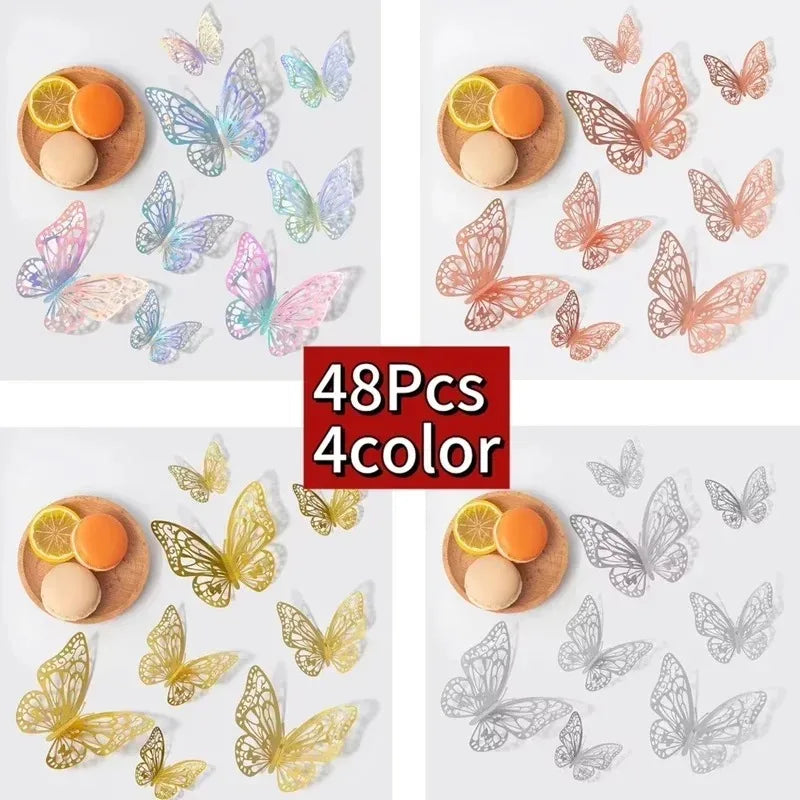 48 autocollants muraux papillons creux dorés et argentés, papillons 3D, pour chambre à coucher, salon, décoration de maison, applique, décoration de mariage