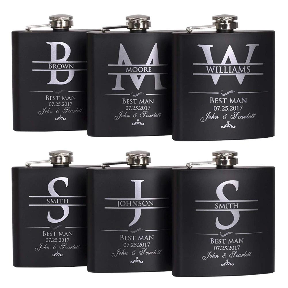 Personalized 6oz Hip Flask Set | Custom Name & Logo | Groom, Best Man & Groomsmen Gift