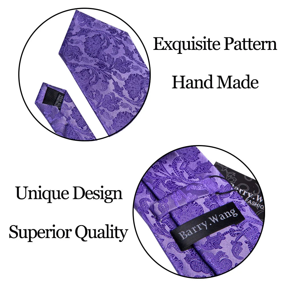 Cravate Homme en Soie Violette Unie avec Pochette Barry.Wang, Ensemble de Cravate et Mouchoir de Poche, Nœuds Papillons Floraux Paisley pour Homme, Cadeau pour Fête, Marié