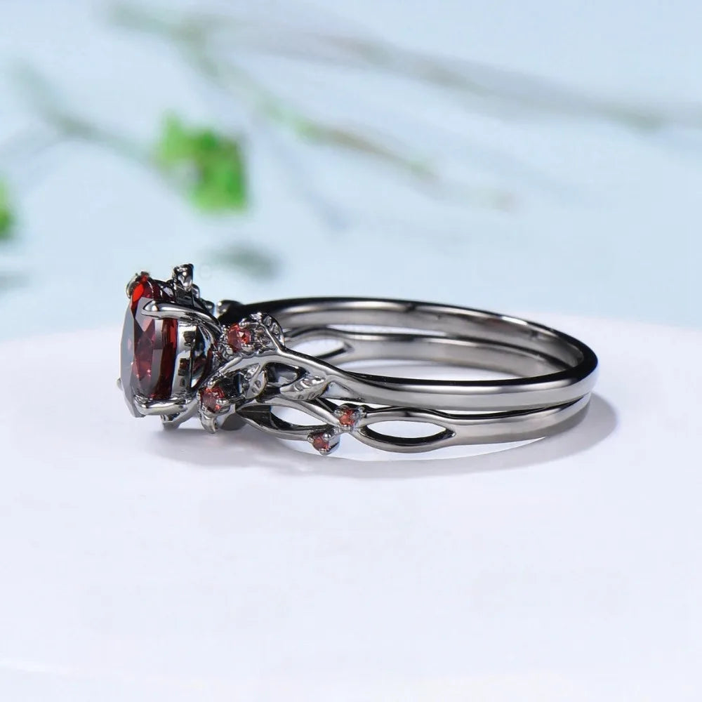 Bague gothique rétro en forme de fleur de rose noire avec branches croisées et cristal rouge, pour femme et homme, bijou de couple, cadeau