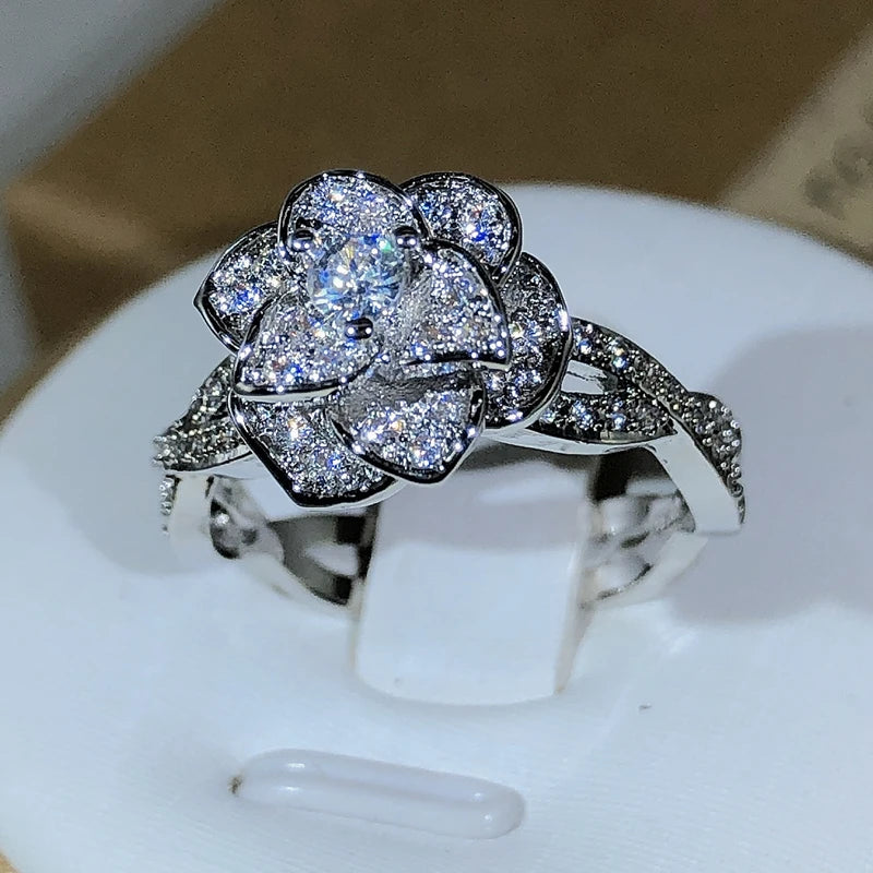 3D Rose Zircon Full Diamond Ring — 925 Sterling Silver