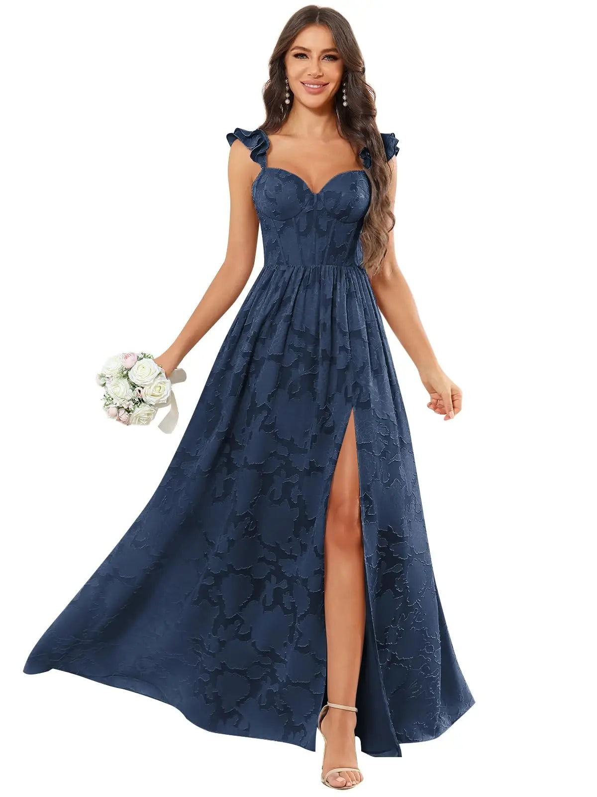 Floral Ruffle Bridesmaid Dress | Sweetheart A-Line Gown with Slit | Wedding Party