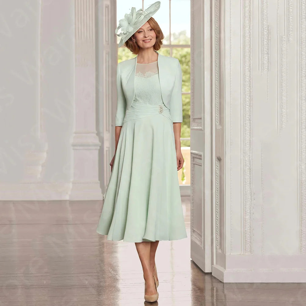 2024 Dernières Robes de Mère Vert Menthe Longueur Thé Robes de Mère de la Mariée avec Veste Robes de Soirée de Mariage en Dentelle Deux Pièces