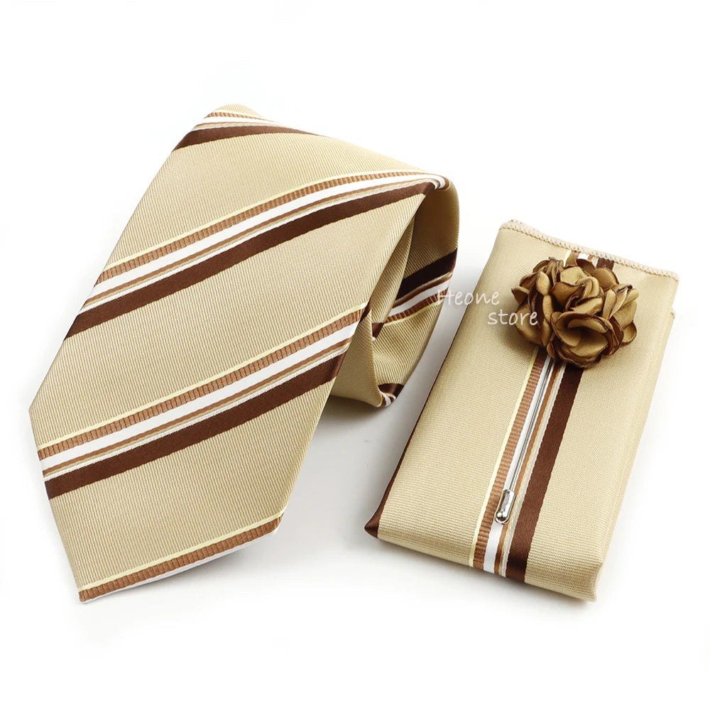 Men's Striped Necktie, Pocket Square & Brooch Set | Groom & Groomsmen Wedding Accessory