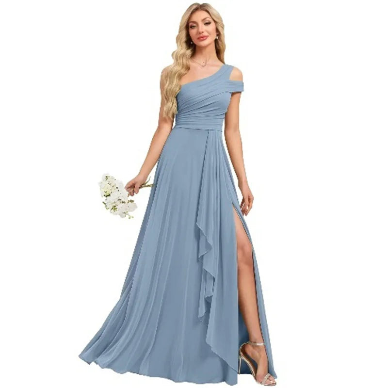 Robe de Demoiselle d'honneur en Mousseline Coupe Droite, Épaule Dénudée, Fendue, Plissée, Élégante pour Mariage, Soirée ou Bal, Dos Lacé