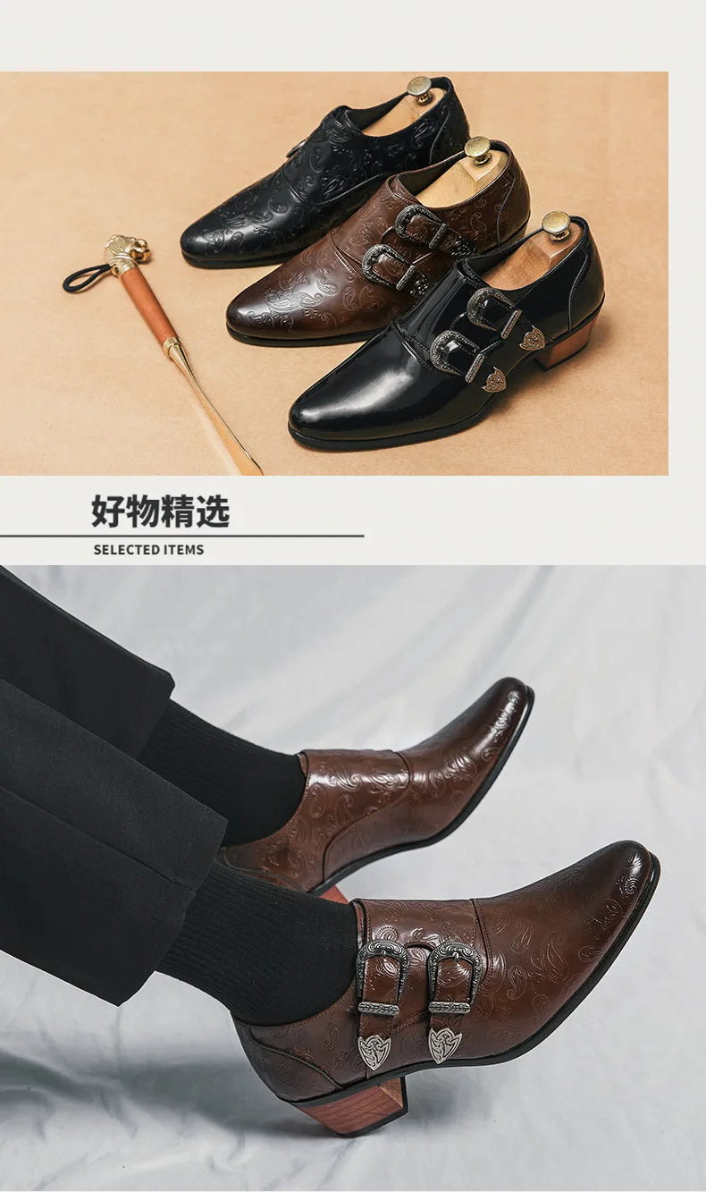 Chaussures de mariage pour hommes Tendance Coupe ajustée Pointues Talon haut Chaussures à enfiler Respirantes en cuir Chaussures habillées classiques vintage pour hommes