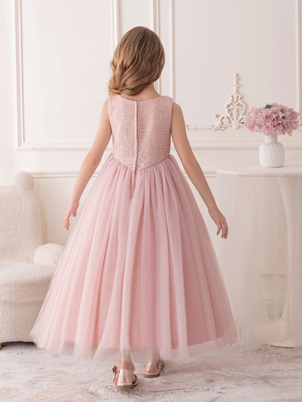 Robe Rose pour Fille, Robe de Demoiselle d'honneur, en Gaze avec Paillettes, Longue Robe de Soirée pour Anniversaire, Robe de Princesse