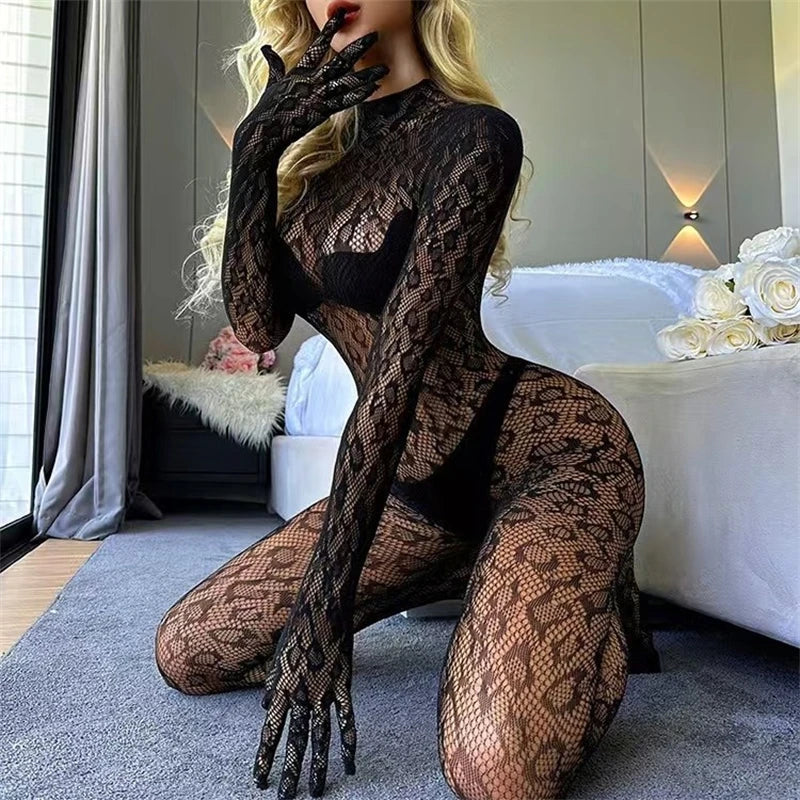 Femmes Sexy Léopard Creux Maille Bodystocking Résille Lingerie Manches Longues Transparent Body Combinaison Nuisette SIMPLEJEWEL