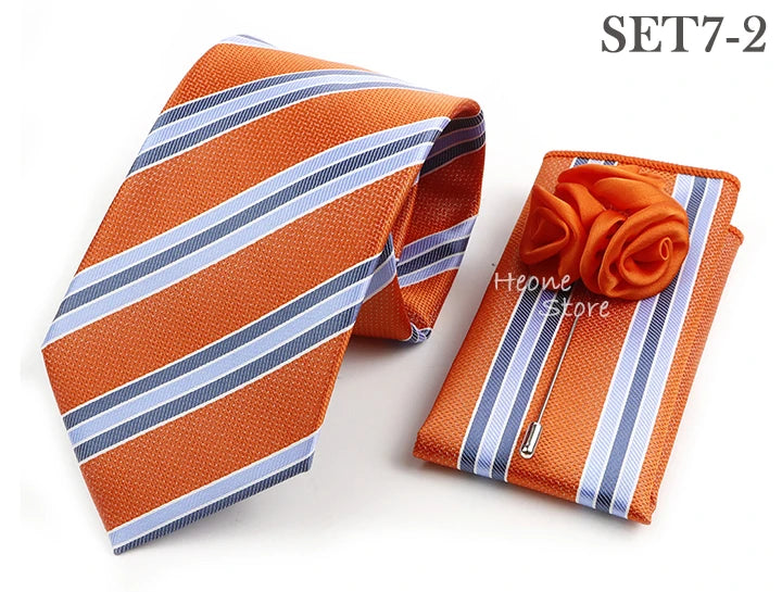 Men's Striped Necktie, Pocket Square & Brooch Set | Groom & Groomsmen Wedding Accessory