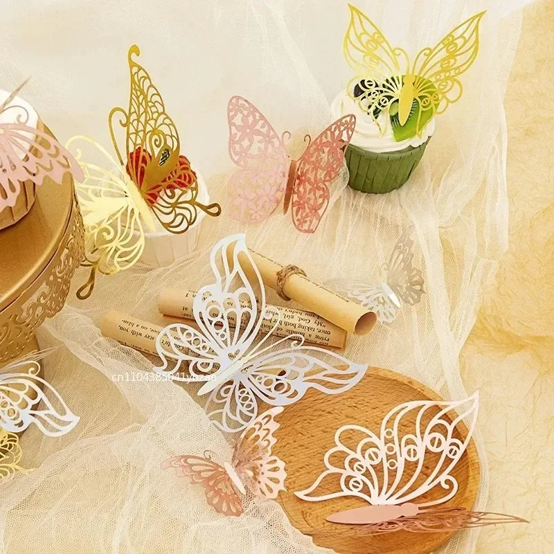 48pcs Gold Silver Hollow Butterfly Wall Stickers 3D Butterflies Bedroom Living Room Home Decoration Applique Wedding Decor