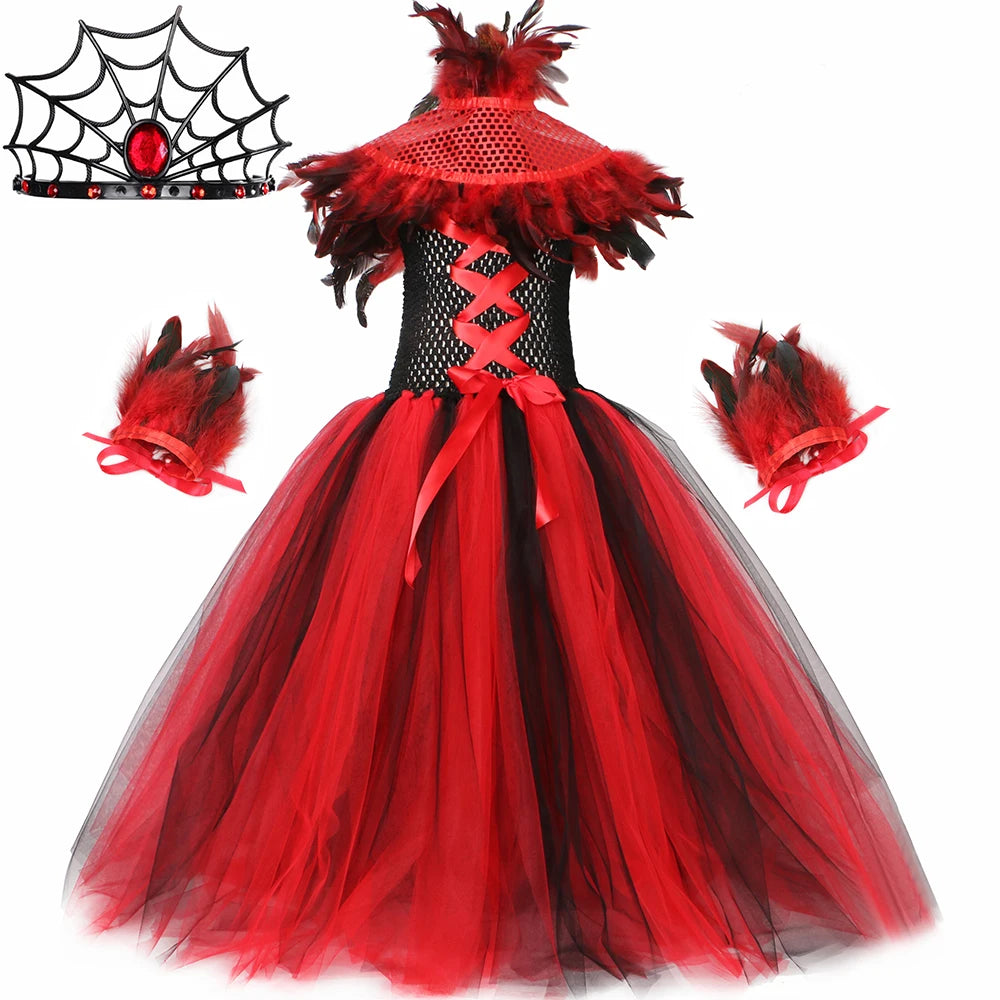 Robe Tutu en Tulle Reine Maléfique Sorcière Vampire Démon Gothique pour Filles, Robe Longue de Fête de Carnaval d'Halloween pour Enfants, Tenues de Déguisement
