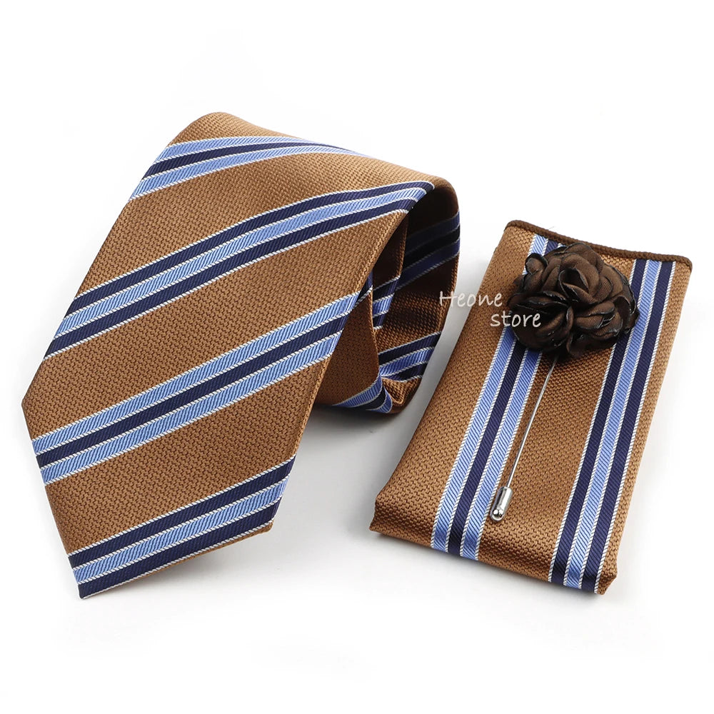 Men's Striped Necktie, Pocket Square & Brooch Set | Groom & Groomsmen Wedding Accessory