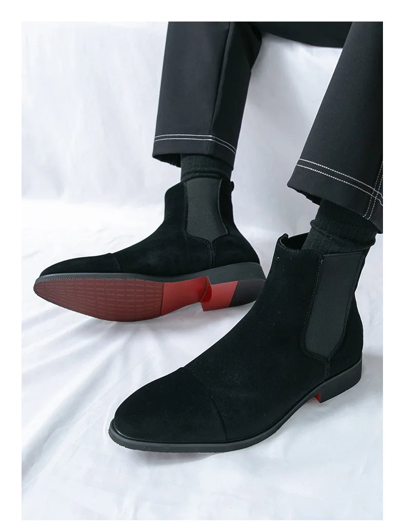Bottes Cheville Homme Affaires Semelle Rouge Bout Pointu Bottines Habillées Britanniques Chaussures Hautes en Cuir Décontractées Chelsea Homme à Enfiler