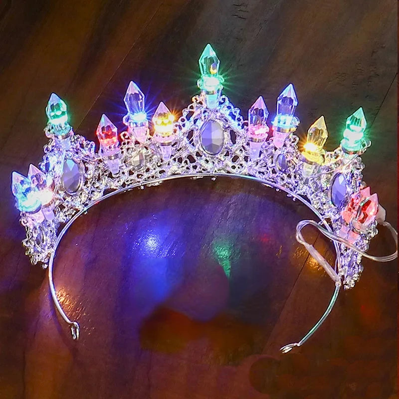 Accessoires de Cheveux de Mariée Lumineux Alliage Cristal Fête LED Lumineux Couronne Strass Diadème Fleur Reine Mariage Festival