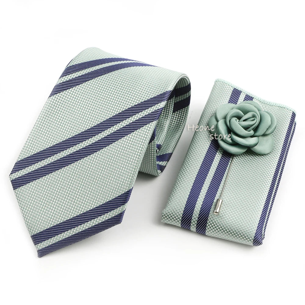 Men's Striped Necktie, Pocket Square & Brooch Set | Groom & Groomsmen Wedding Accessory