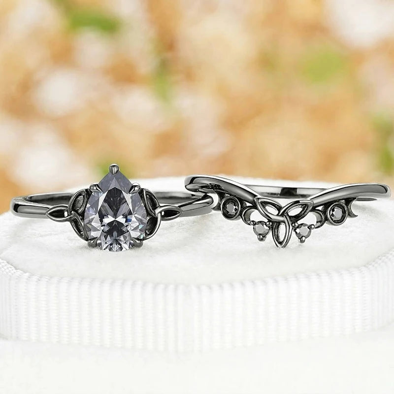 Lot de 2 bagues vintage noires empilables avec zircone cubique taille poire, bague de fiançailles style gothique punk, bijou de mariage.