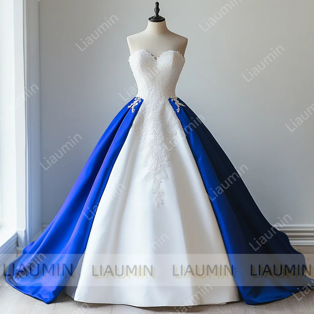 Robe de soirée/de bal de mariage en tulle blanc avec applique de dentelle bleue, bustier, longueur ras du sol, dos lacé, sur mesure W19-5