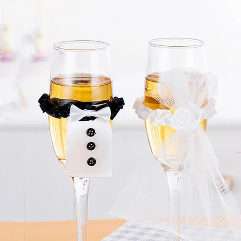 Lot de 2 nœuds papillon pour mariée et marié, décor de verres à vin pour fête de mariage