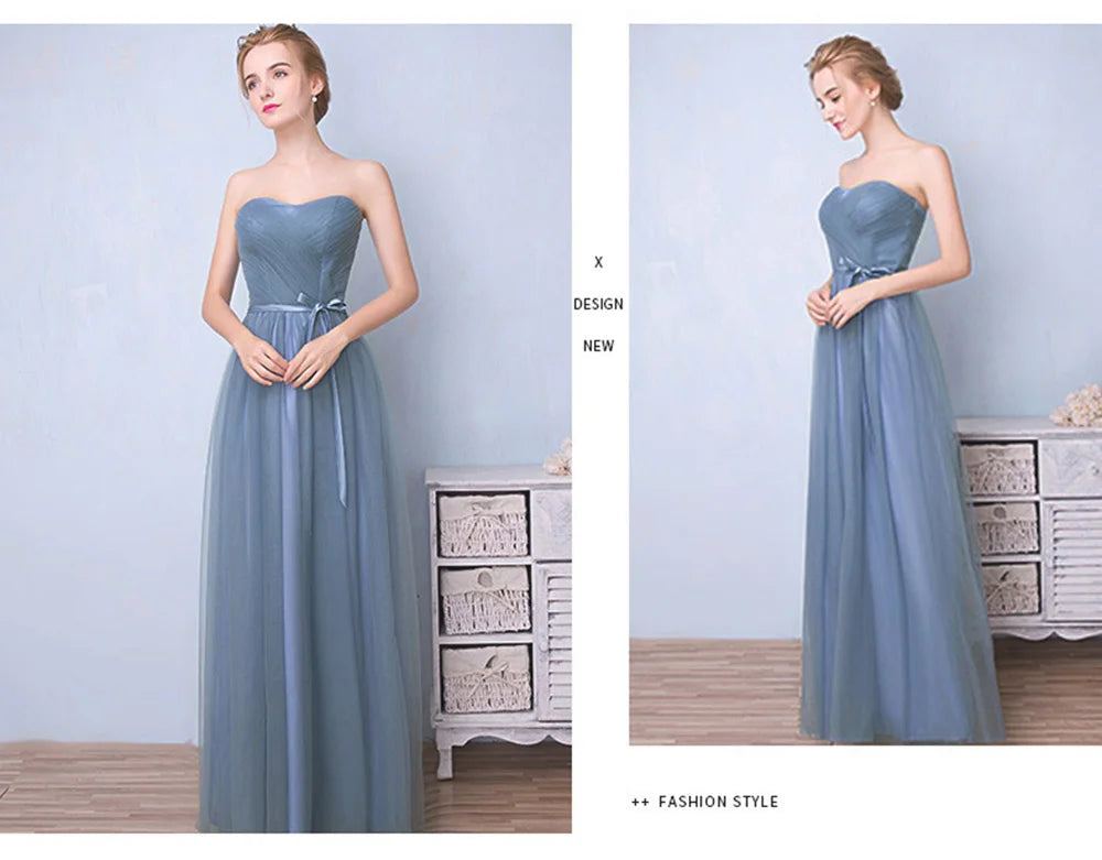 Élégante Robe de Demoiselle d'honneur Gris Bleu Simple 4 styles sans Manches Femme Classique Tulle Ceinture Satin Lacets Nœud Robe de Bal Ligne A