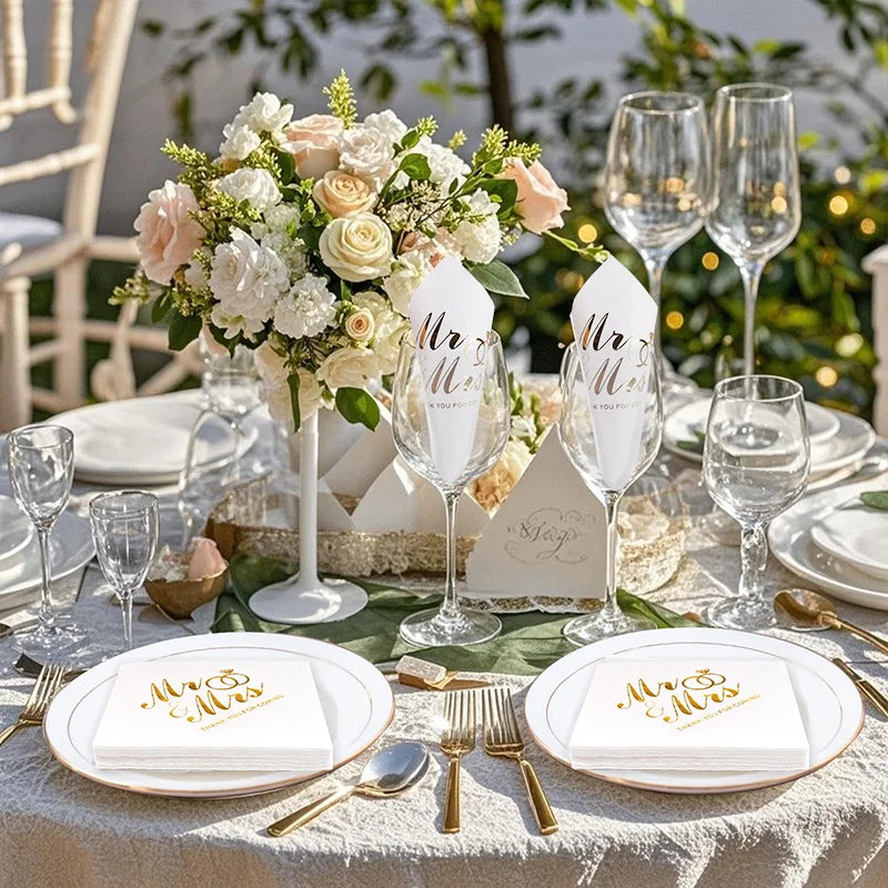 20/60/100 Pièces Serviettes de Mariage Dorées Mr Mrs Serviettes en Papier pour Décoration de Table de Dessert de Mariage Fournitures de Fête Prénuptiale