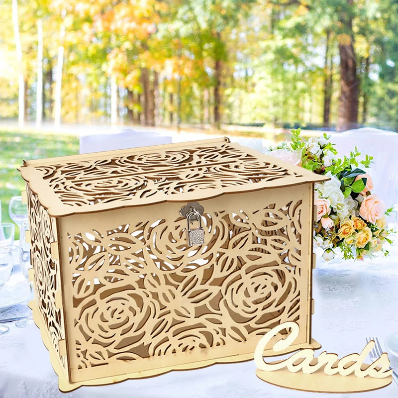 Urne de mariage en bois, grande boîte à monnaie avec serrure, boîte à cartes d'invitation de mariage pour fournitures de décoration d'anniversaire de mariage