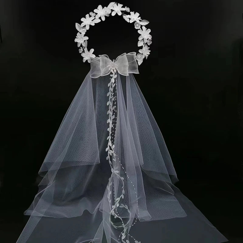 Voile de Couronne de Mariée Élégant Blanc Européen et Américain Bandeau pour Femmes Nœud de Mariage Couronne de Fête Accessoire de Cheveux