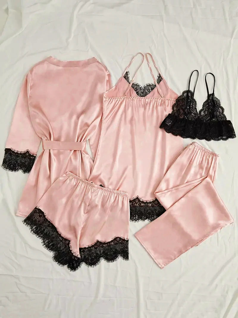 Ensemble de pyjama en satin pour femme, rose, lingerie sexy, robe de chambre, patchwork en dentelle, nuisette en soie, pantalon, vêtements de nuit pour la maison