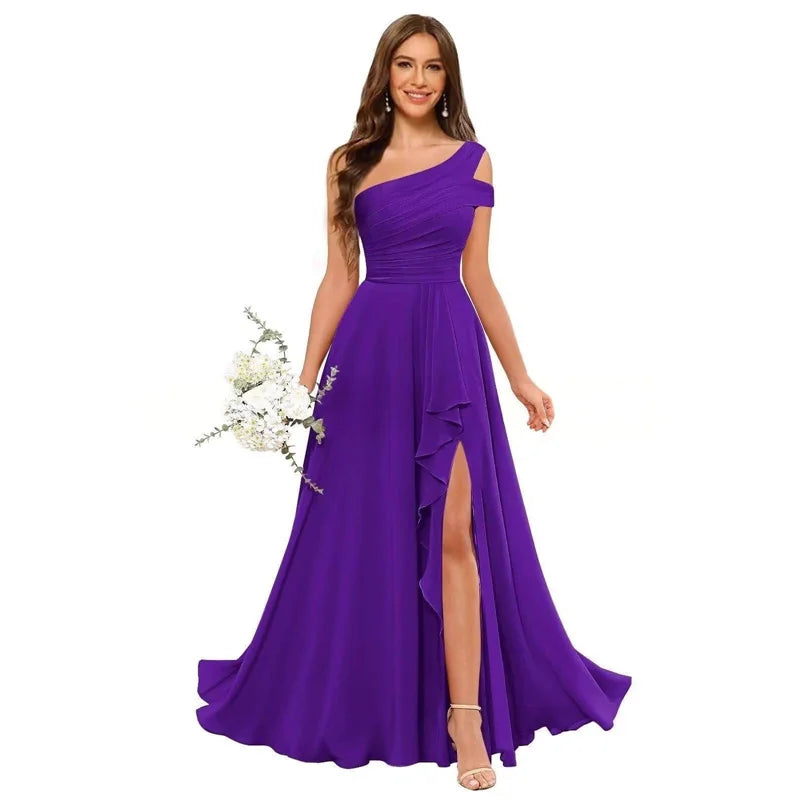 Robe de Demoiselle d'honneur en Mousseline Coupe Droite, Épaule Dénudée, Fendue, Plissée, Élégante pour Mariage, Soirée ou Bal, Dos Lacé