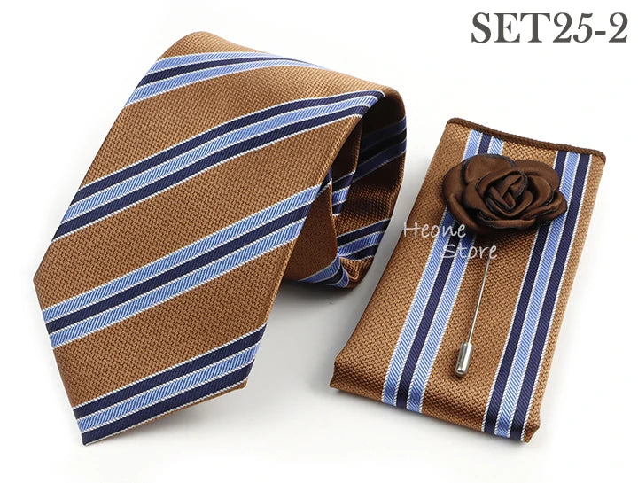 Men's Striped Necktie, Pocket Square & Brooch Set | Groom & Groomsmen Wedding Accessory