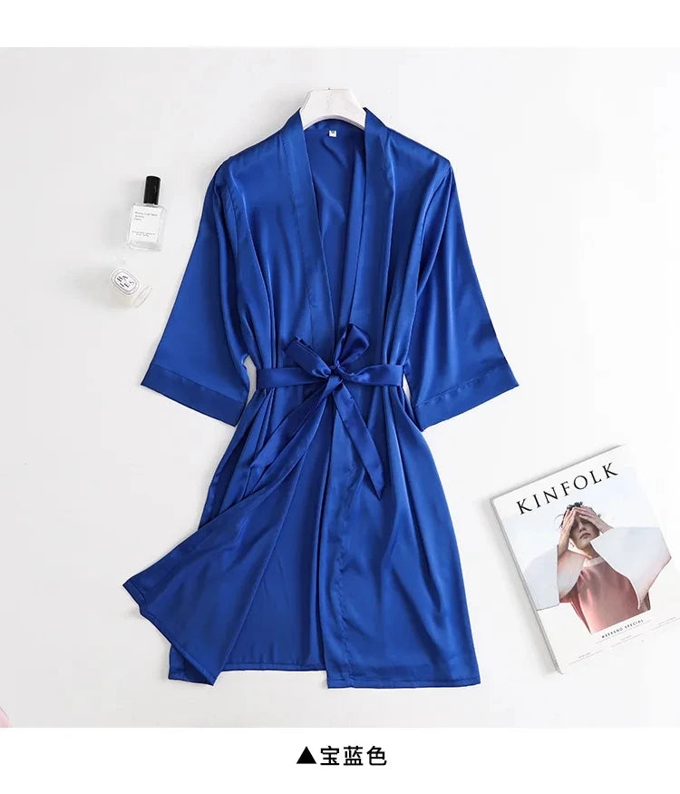 Peignoir de mariée blanc pour femme, robe de chambre matinale, manches 3/4, chemise de nuit ample, peignoir kimono en satin de soie, lingerie