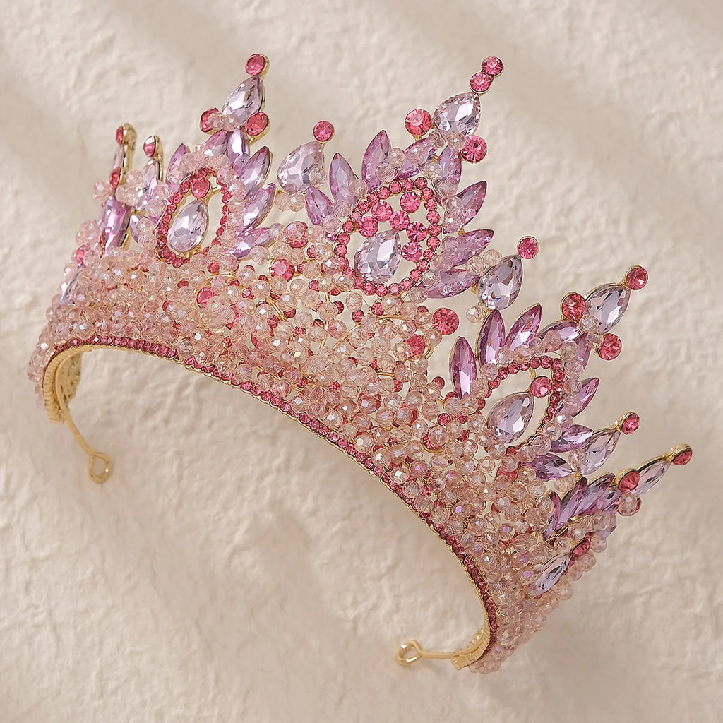 Accessoires de cheveux de mariage colorés roses, coiffe de concours de beauté, diadème de mariée Fait à la main en CRISTAL coloré avec perles