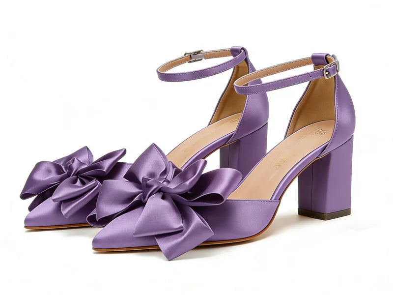New Leather Solid Snow White Wedding Banquet Ball Thick Heel Pointed Hollow High Quality BowKnot High Heel Sexy Women's Shoes
