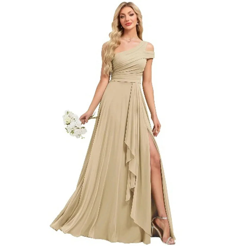 Robe de Demoiselle d'honneur en Mousseline Coupe Droite, Épaule Dénudée, Fendue, Plissée, Élégante pour Mariage, Soirée ou Bal, Dos Lacé