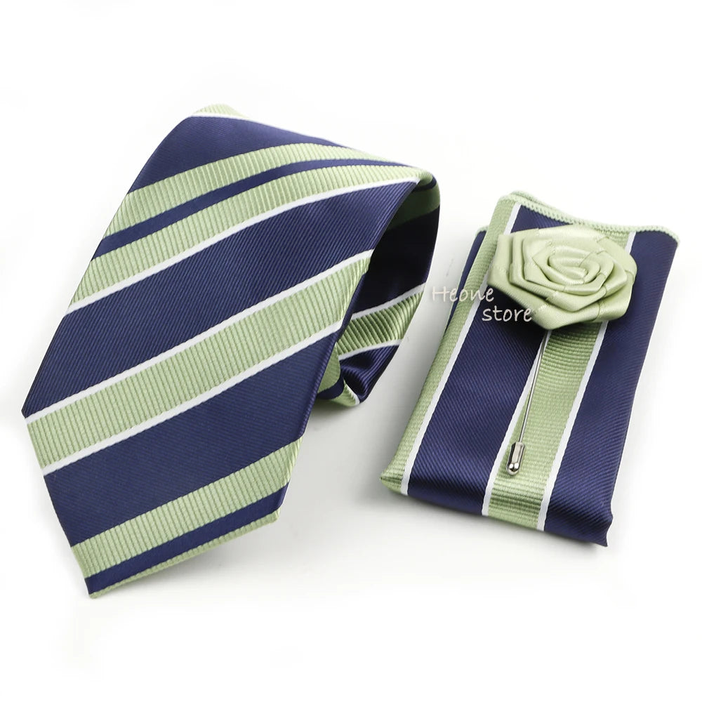 Men's Striped Necktie, Pocket Square & Brooch Set | Groom & Groomsmen Wedding Accessory