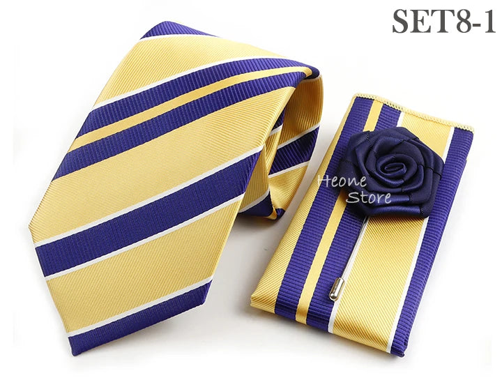 Men's Striped Necktie, Pocket Square & Brooch Set | Groom & Groomsmen Wedding Accessory