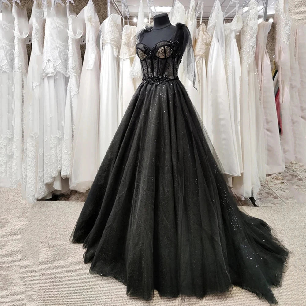 Lily Robe de mariée noire gothique à bretelles spaghetti Robe de bal Robes de soirée à paillettes Doux Cœur Robe de soirée Robes de soirée personnalisées