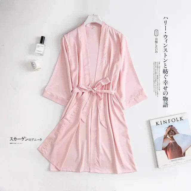 Peignoir de mariée blanc pour femme, robe de chambre matinale, manches 3/4, chemise de nuit ample, peignoir kimono en satin de soie, lingerie