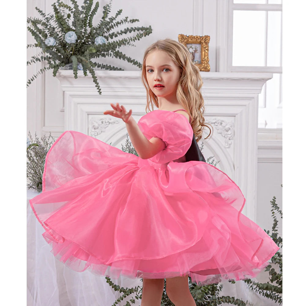 Robe gothique noire pour bébé fille de 4 à 8 ans, pour occasions formelles, manches bouffantes, robe de princesse pour fête d'anniversaire d'enfants avec nœud rose élégant