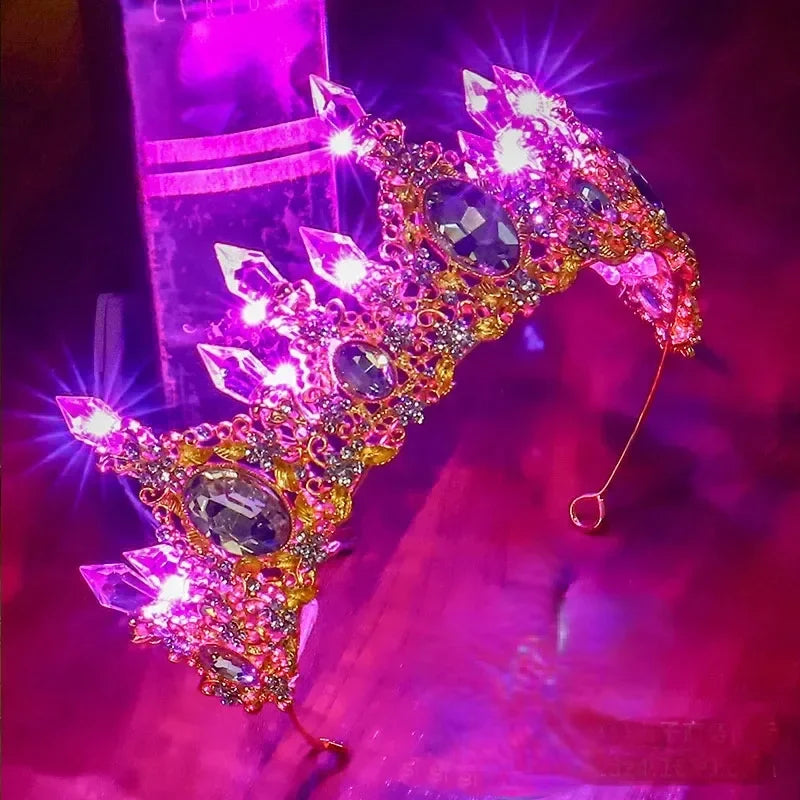 Accessoires de Cheveux de Mariée Lumineux Alliage Cristal Fête LED Lumineux Couronne Strass Diadème Fleur Reine Mariage Festival