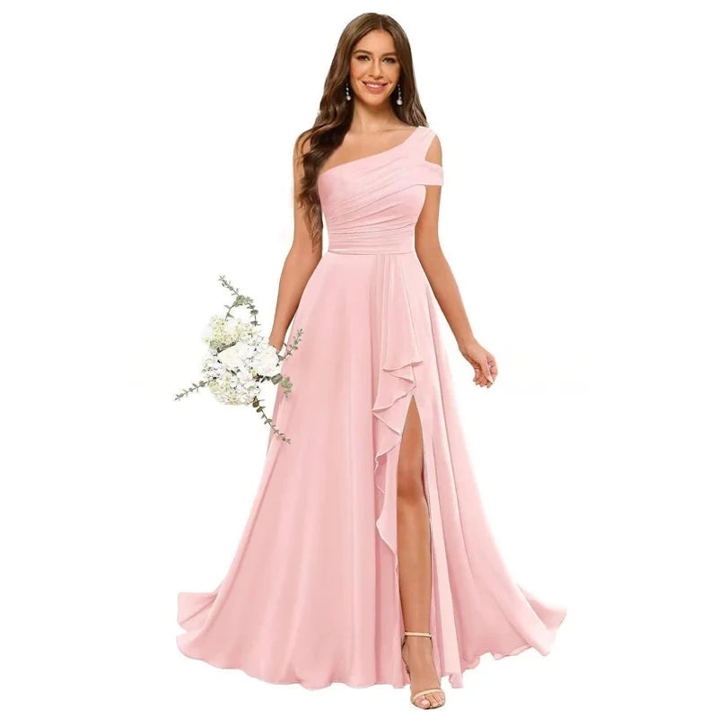 Robe de Demoiselle d'honneur en Mousseline Coupe Droite, Épaule Dénudée, Fendue, Plissée, Élégante pour Mariage, Soirée ou Bal, Dos Lacé
