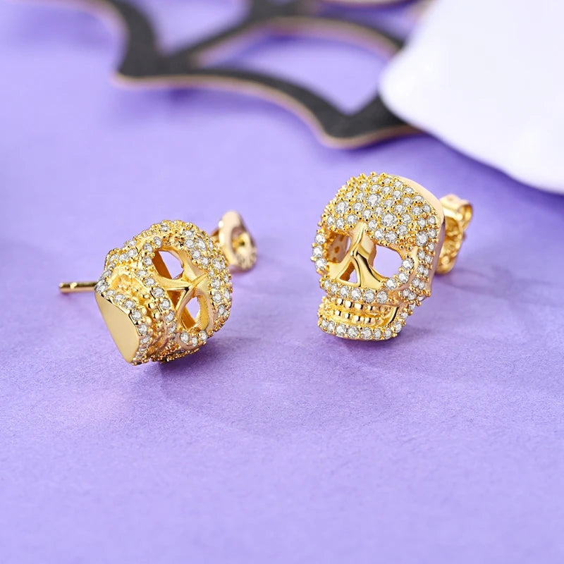 Boucles d'oreilles clous Tête de mort en or et zircon — Argent sterling 925