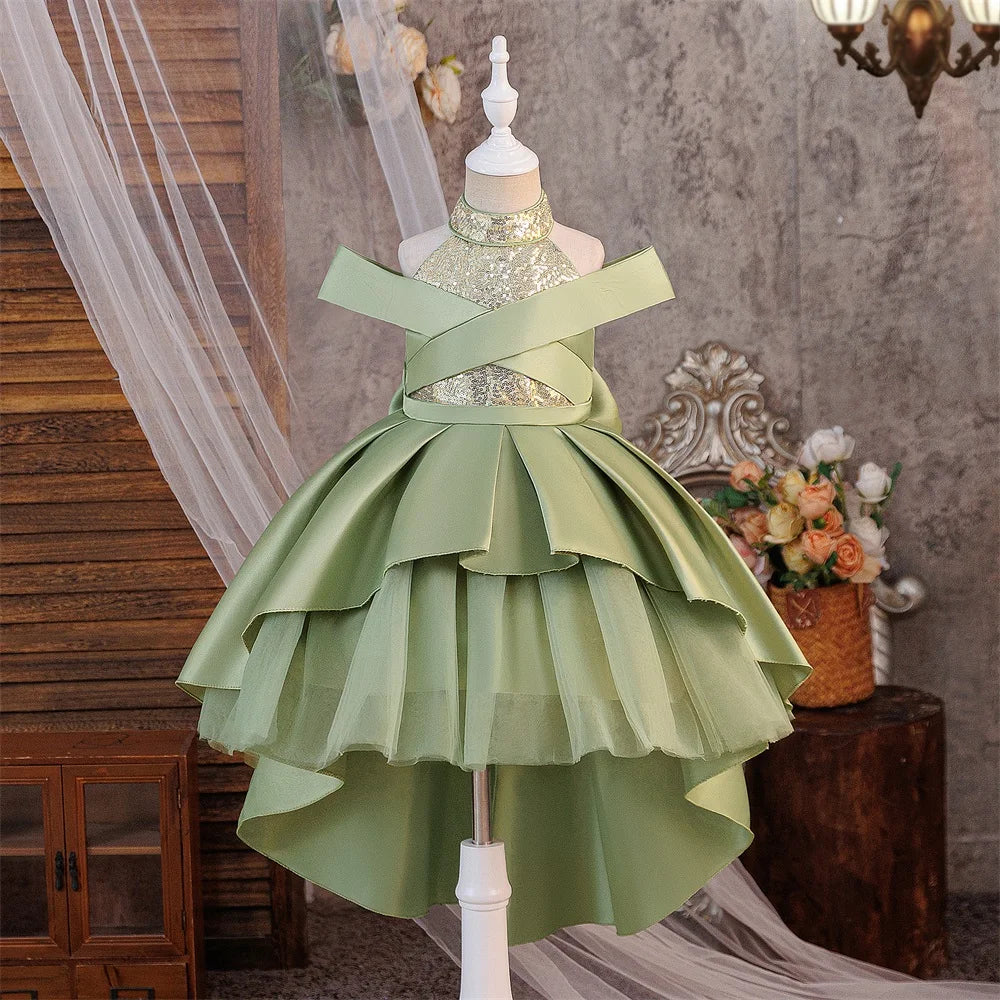 Robe de soirée à sequins pour filles, élégante, avec traîne, pour mariage, demoiselles d'honneur, princesse, bal de promo, nœud, anniversaire, concours, vêtements pour enfants