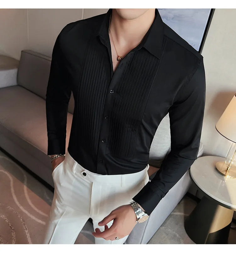 Men's Pleated Tuxedo Dress Shirt – Slim Fit Groom & Groomsmen Wedding Shirt