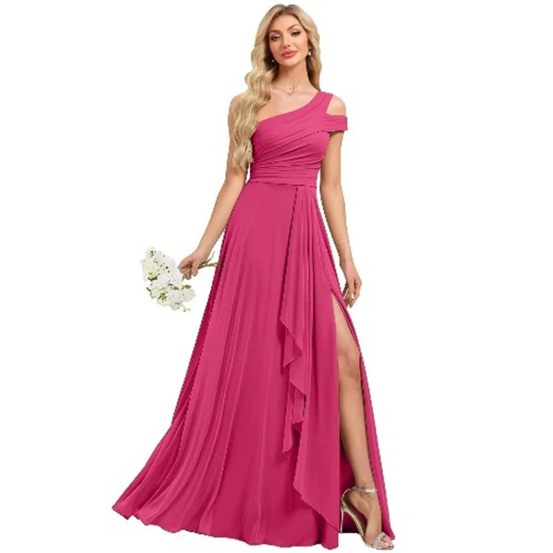 Robe de Demoiselle d'honneur en Mousseline Coupe Droite, Épaule Dénudée, Fendue, Plissée, Élégante pour Mariage, Soirée ou Bal, Dos Lacé
