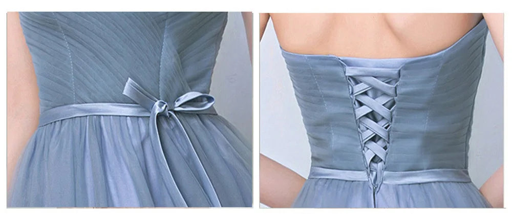 Élégante Robe de Demoiselle d'honneur Gris Bleu Simple 4 styles sans Manches Femme Classique Tulle Ceinture Satin Lacets Nœud Robe de Bal Ligne A