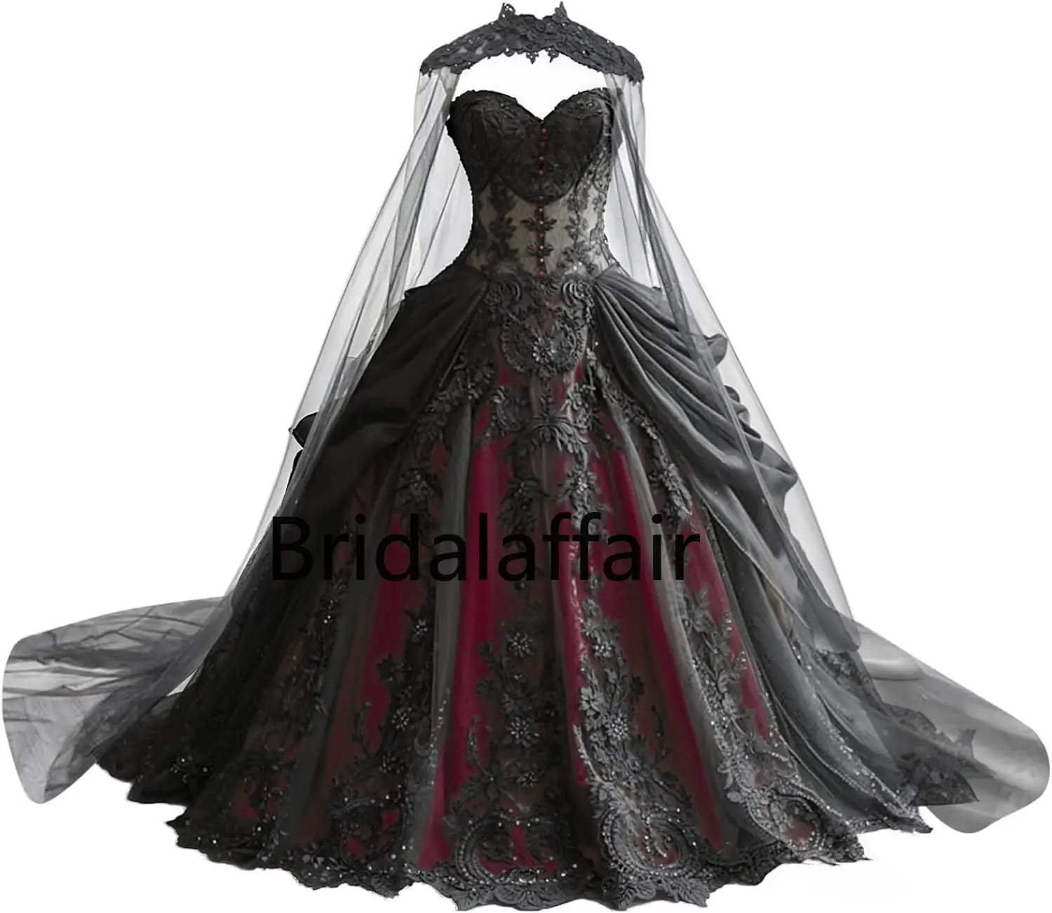 Robes de mariée gothiques pour la mariée Robes de mariée en dentelle noire appliquées Robes de mariée en tulle étagé brodées avec cape