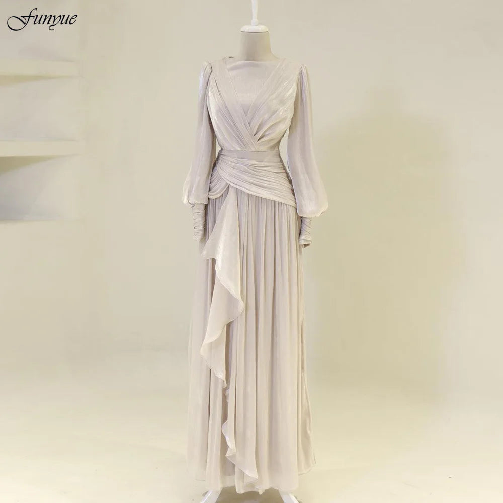 Robes de soirée musulmanes personnalisées élégantes pour femmes, en mousseline avec volants, manches longues, pour invités de mariage, robe de soirée formelle