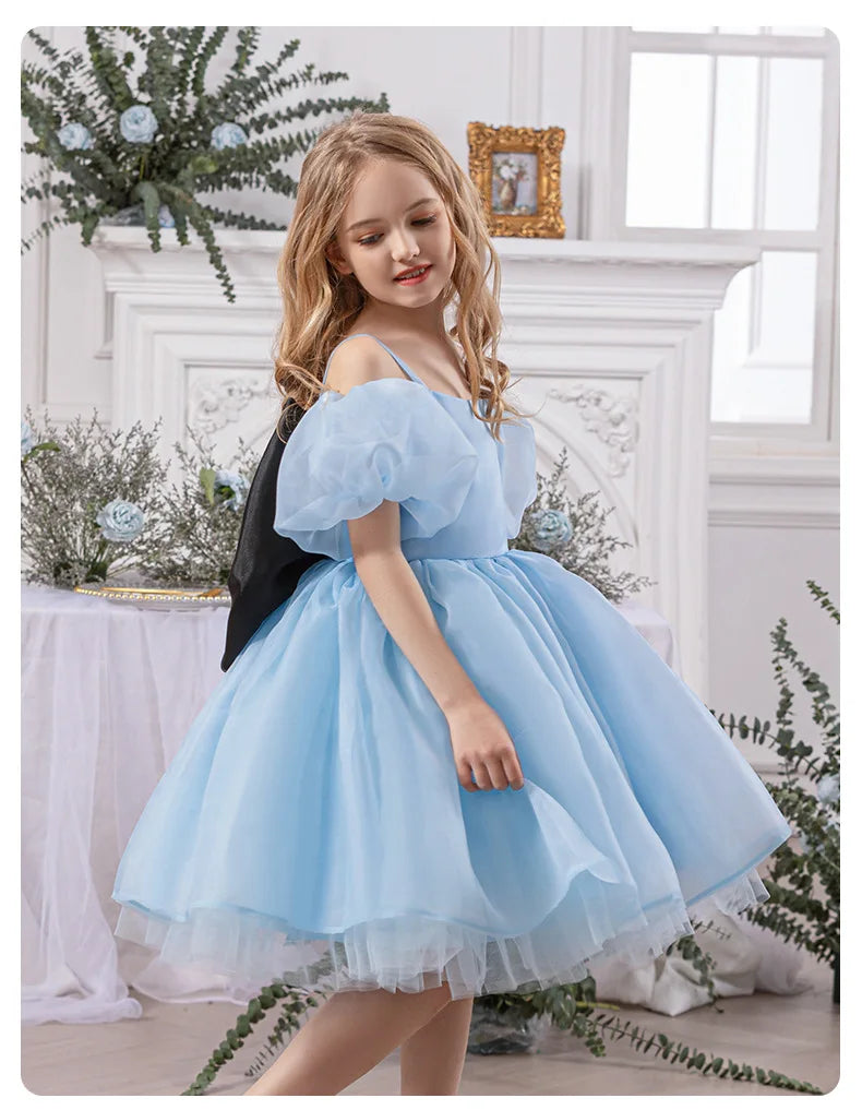 Robe gothique noire pour bébé fille de 4 à 8 ans, pour occasions formelles, manches bouffantes, robe de princesse pour fête d'anniversaire d'enfants avec nœud rose élégant