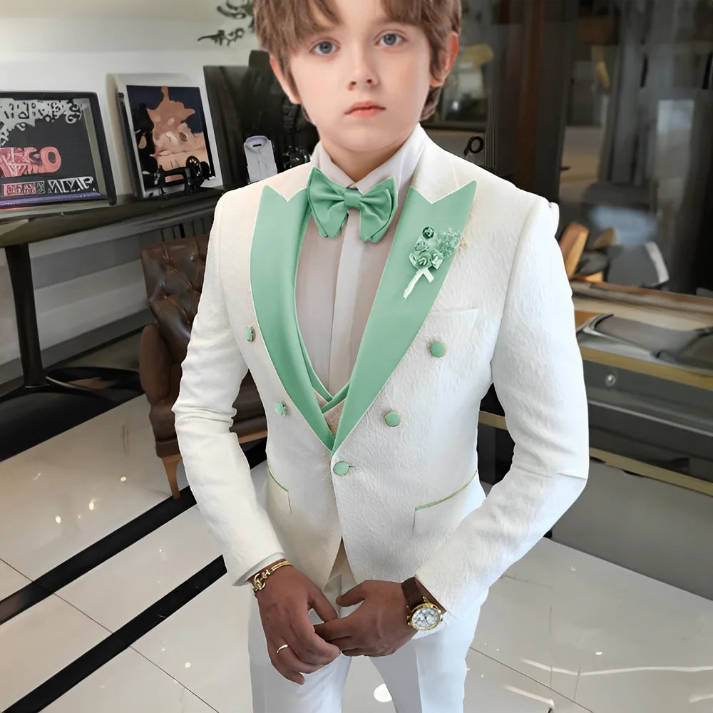 Costume jacquard blanc pour garçons, costume trois pièces pour mariage, smoking enfant 2025, nouveau design, veste, pantalon, gilet, robe sur mesure