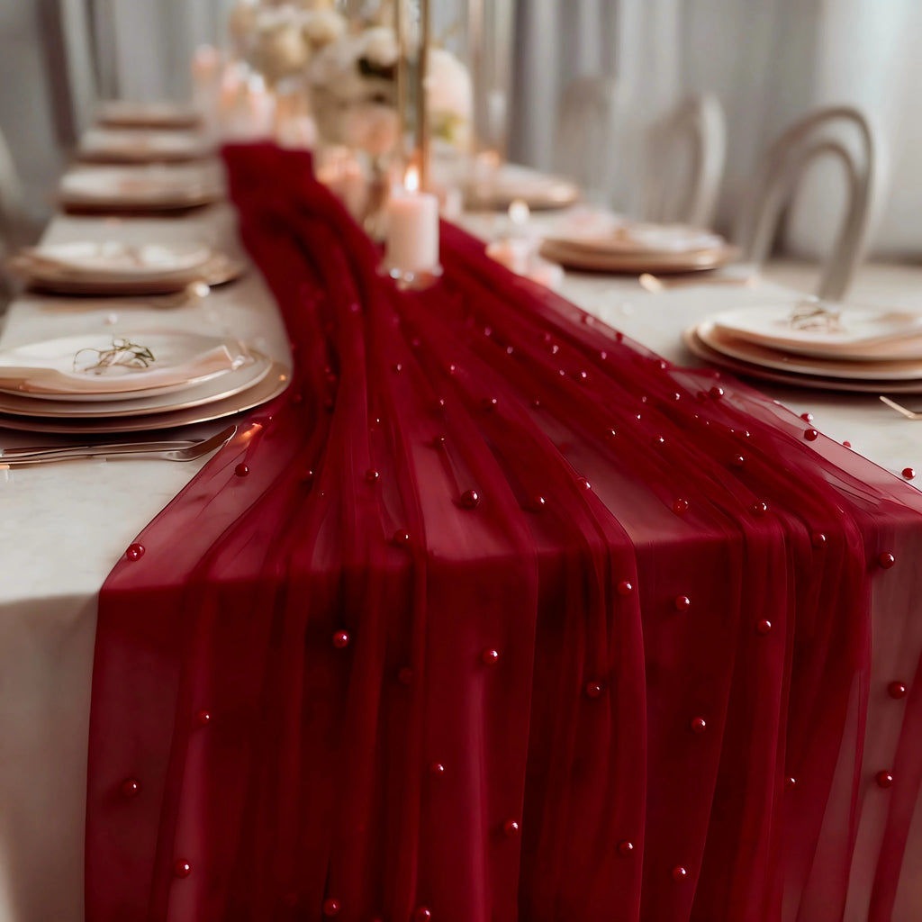 Lot de 2 chemins de table en tulle bordeaux avec perles, élégants, idéaux pour les mariages, les fêtes de Noël et autres événements.